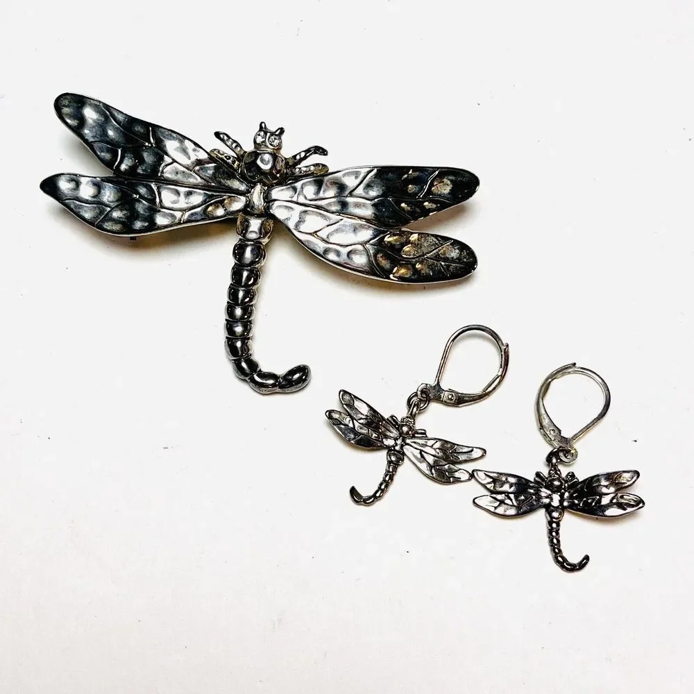 Large Dragonfly Brooch / Pendant & Earrings Set Silver Tone Unsigned Rhinestones